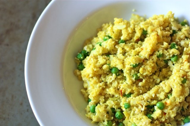 A serving of Gluten Free Saffron "Rice" uses cauliflower that is rich in nutrients and flavor.