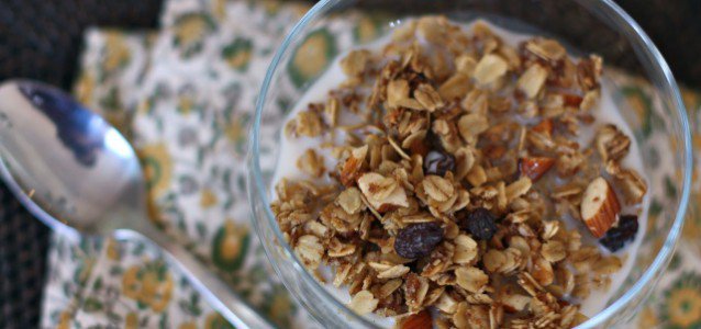 A bowl of Gluten Free Vanilla Almond Granola with almond milk and blueberries.