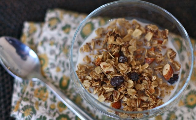 A bowl of Gluten Free Vanilla Almond Granola with almond milk and blueberries.