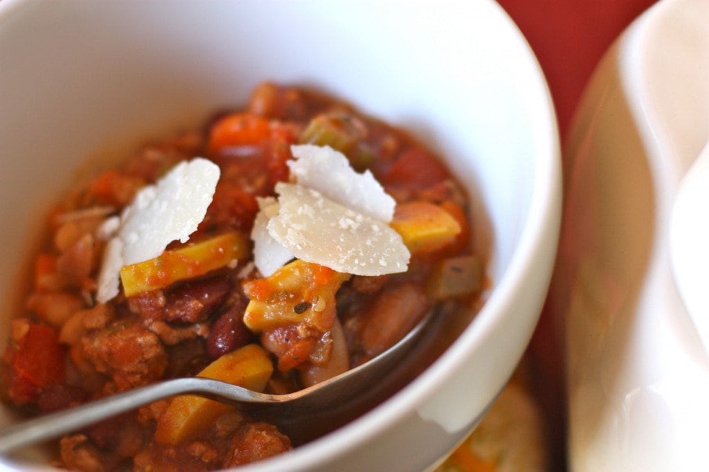 Crockpot Italian Fagioli Soup is loaded with ground turkey, chicken broth, tomatoes and beans.