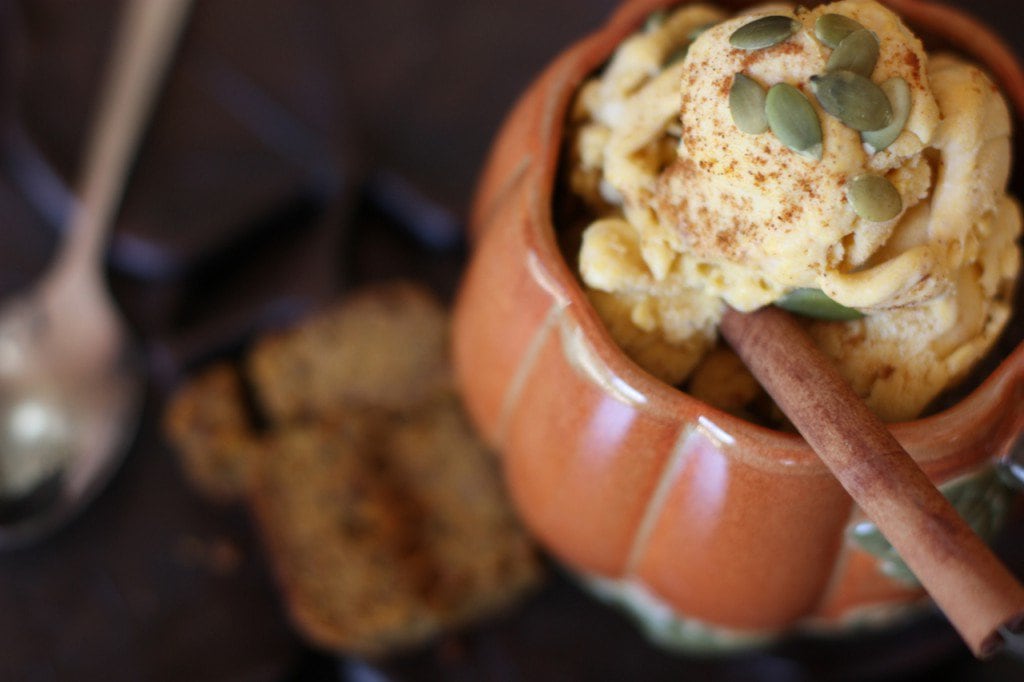 A delicious scoop of Vegan Pumpkin spice Ice cream topped with pumpkin seeds.