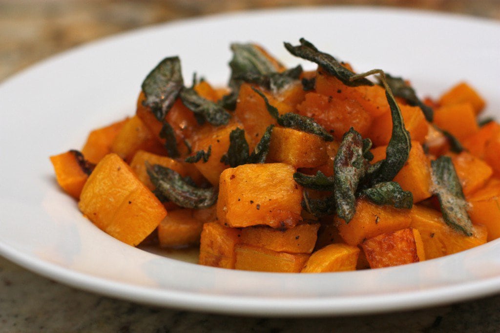 A yummy side dish of Roasted Butternut Squash with Maple Sage Brown Butter .