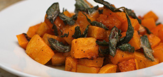 A yummy side dish of Roasted Butternut Squash with Maple Sage Brown Butter .