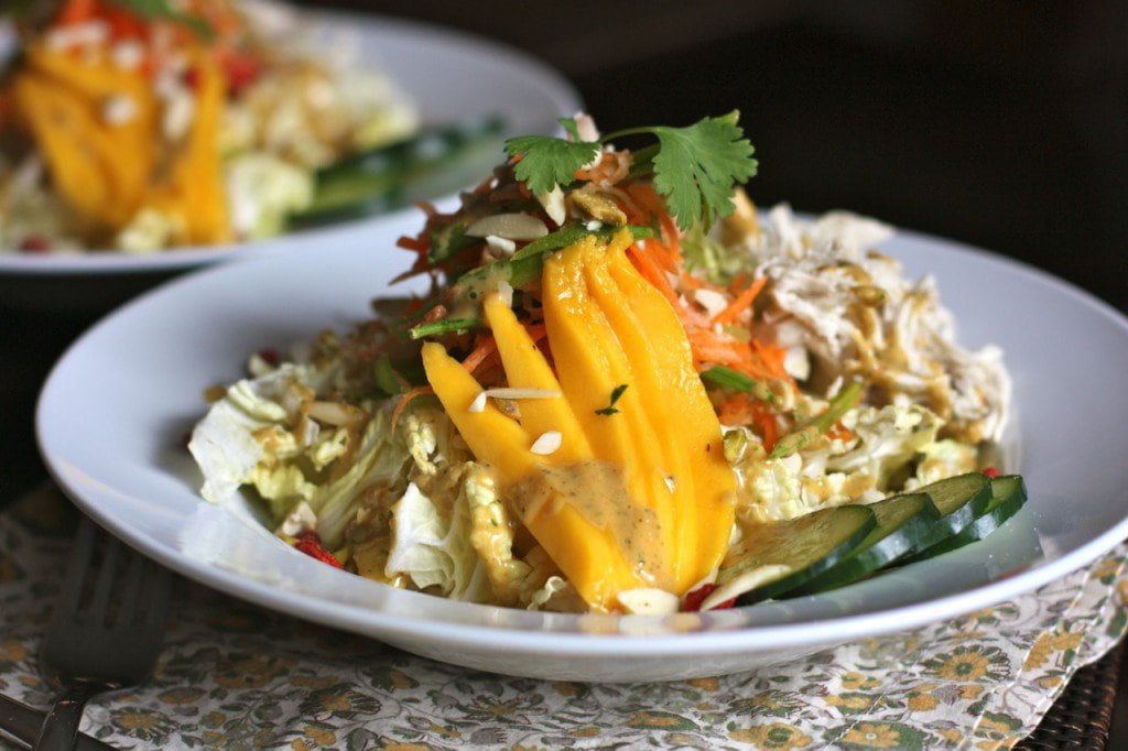 Thai Crunch Salad served chilled on a plate loaded with chopped vegetables, mango and delicious dressing!