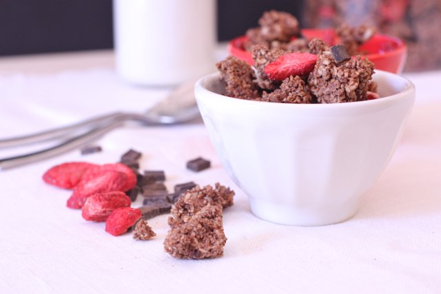 A bowl of breakfast Paleo Chocolate Granola with Dried Berries.