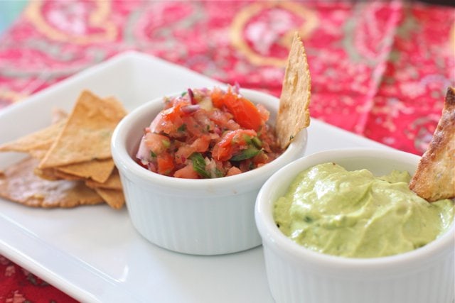 Pico De Gallo and Avocado Crema Salsa with chips on the side.