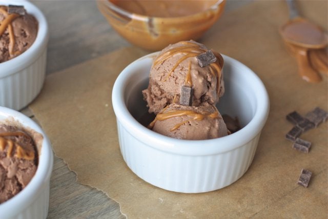 A bowl of egg-free, dairy free chocolate ice cream with peanut butter swirl. I use sun butter in place of the peanut butter since I do not tolerate legumes.