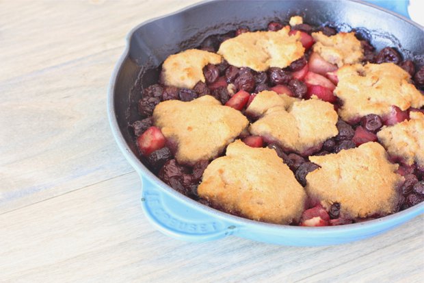 Stovetop to Oven Skillet Cobbler with cherries, blueberries, and pears, that is paleo, gluten free, dairy free, and refined sugar free.