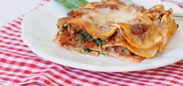 A plate of homemade gluten free lasagna.