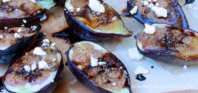 Grilled Fig halves topped with balsamic glaze and goat cheese.