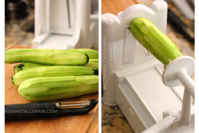 Making Zucchini Noodles with Spiral Slicer on Table Stock Image