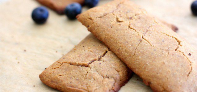 Nutritious and Gluten free 'cereal' bars loaded with blueberry preserves.
