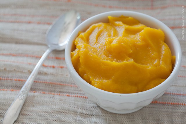 A bowl of homemade pumpkin puree.