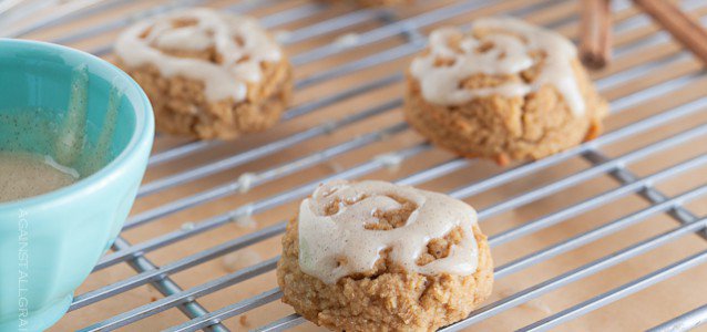 Delicious looking pumpkin cookies with vanilla cinnamon icing.