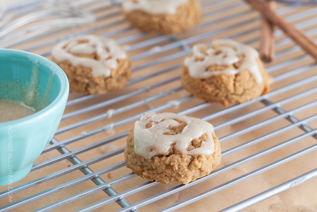 Delicious looking pumpkin cookies with vanilla cinnamon icing.