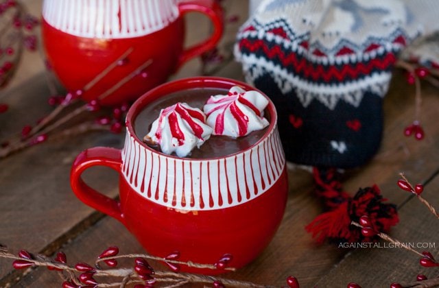 A steaming mug of Hot Cocoa with Peppermint Marshmallow Cookies, just in time for the holidays.