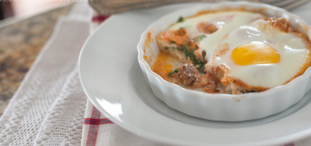 A ramekin of Italian Baked Eggs, Keto, Gluten Free and whole30 approved.