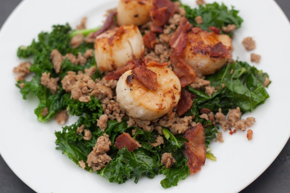 Scallops with Bacon, Sausage and Kale - from The Domestic Man @AgainstAllGrain #Paleo