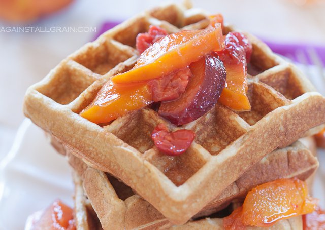 A serving of Macadamia Waffles with Fruit Syrup.