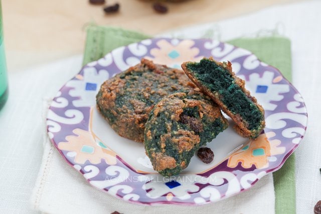 A plate of green St. Patty's Day 'oat'meal raisin cookies.