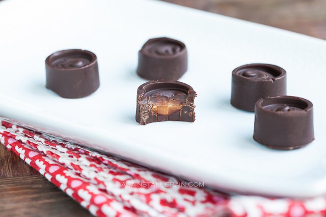 A plate of caramel chocolates reminiscent of a Rolo but these are paleo and dairy free!