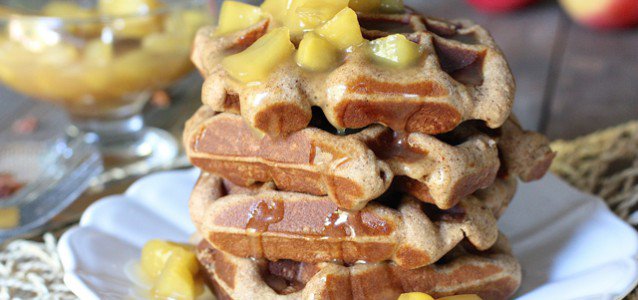 A plate stacked high with Caramel Apple Spice Waffles.