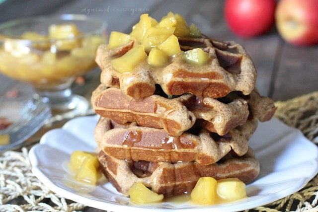 A plate stacked high with Caramel Apple Spice Waffles.