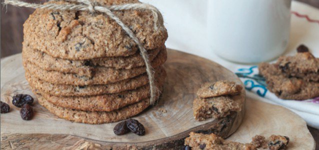 Delicious looking stack of gluten free oatmeal raisin cookies.