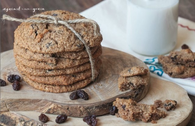 Delicious looking stack of gluten free oatmeal raisin cookies.