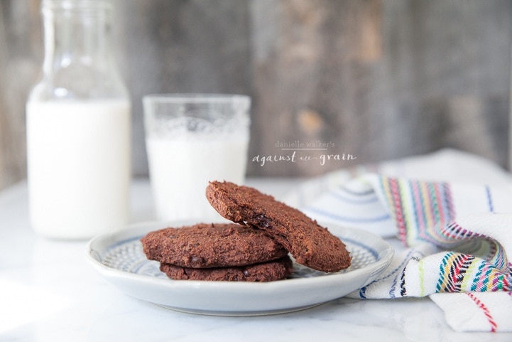 A plate of almond pulp double chocolate cookies that are dairy and egg free.