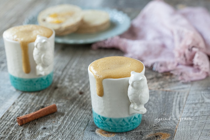 A steaming pumpkin latte that is dairy free and made with all natural ingredients.