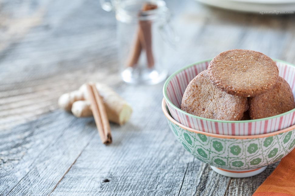 A bowl of crunchy gluten free gingersnap cookies.
