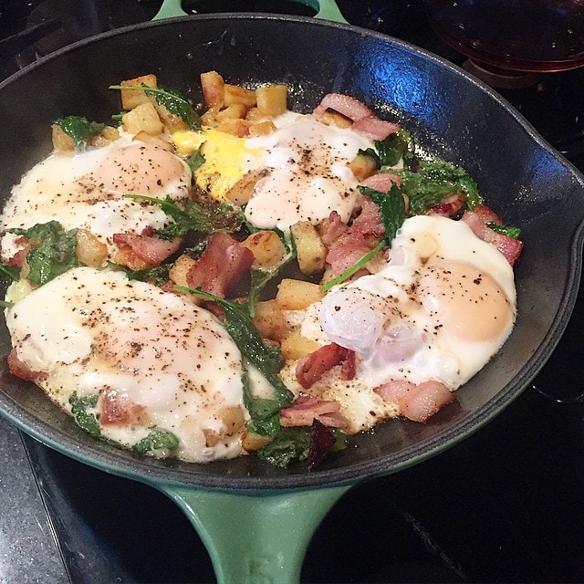 Today_s_breakfast_-_bacon__garlic__sweet_potato__and_baby_kale_hash_with_eggs._I_cook_everything_in_the_skillet_first_until_it_s_crispy_then_add_the_eggs._After_the_whites_have_almost_cooked_through__I_cover_the_skillet_for_about_5_minutes_to_cook_th