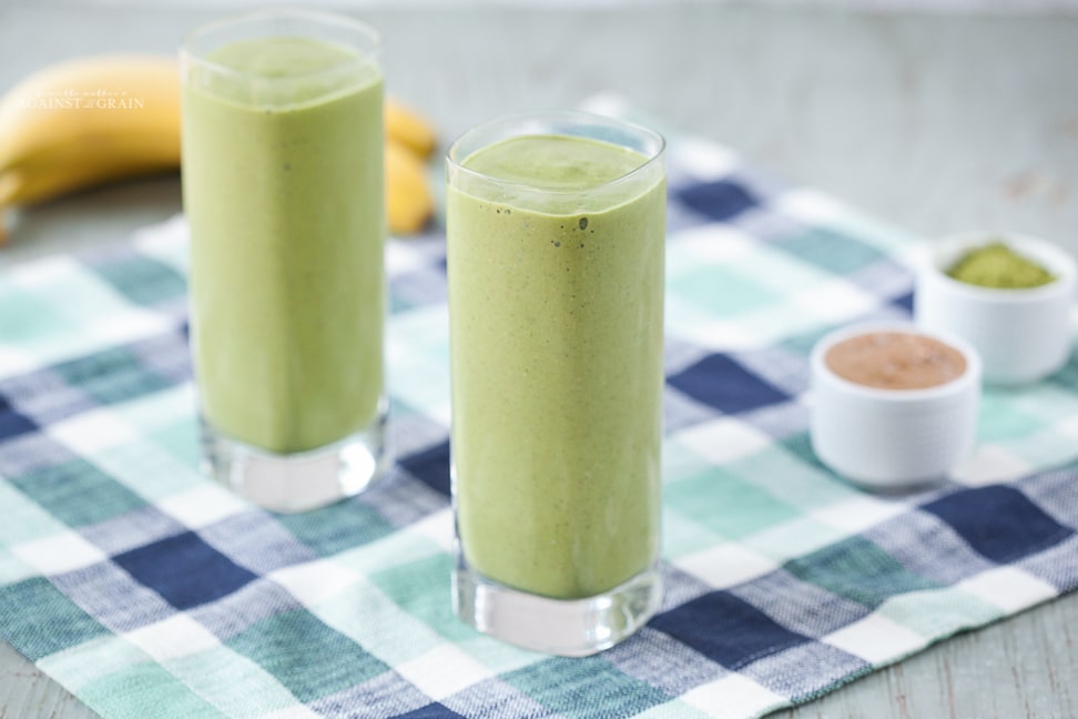 matcha green tea smoothie in two glasses filled to the brim