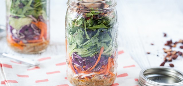 Thai Shrimp Salad with spicy almond dressing in a mason jar.