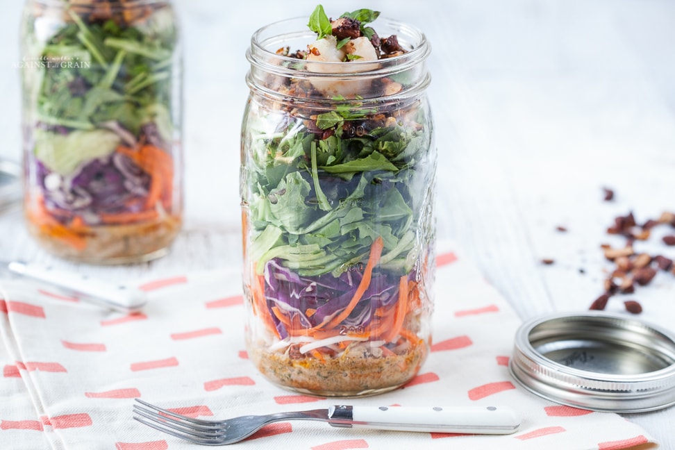 Thai Shrimp Salad with spicy almond dressing in a mason jar.