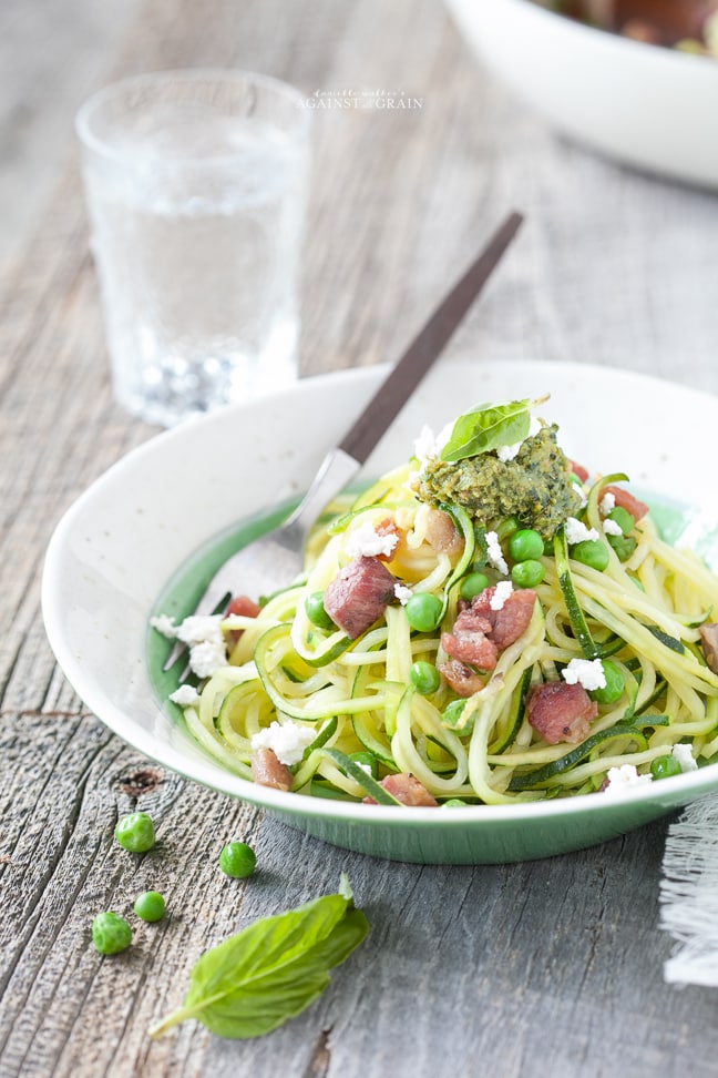 Spiralized Zucchini Pesto Pasta with Peas and Pancetta | Against All ...