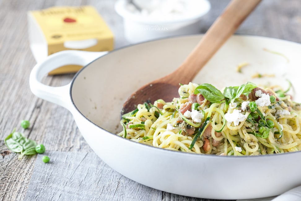 Lazy Girl's Zucchini Spaghetti [no fancy tools required!] with Peas, Crème  Fraîche and Pesto - Izy Hossack - Top With Cinnamon