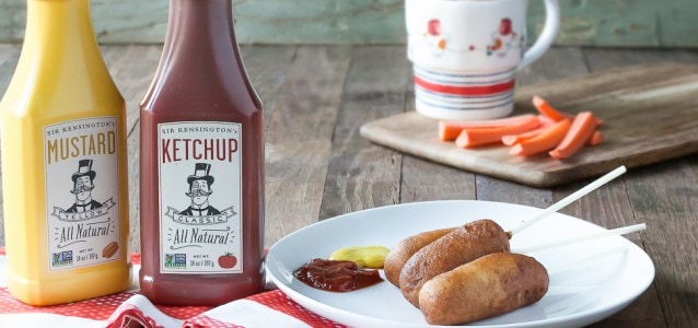 A snack plate of gluten free corn dogs reminiscent of your childhood!