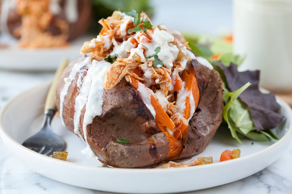 Buffalo Chicken Stuffed Sweet Potatoes (Paleo/Whoole30) - Eat the