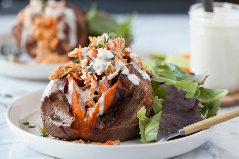 Buffalo Chicken Stuffed Sweet Potatoes (Paleo/Whoole30) - Eat the