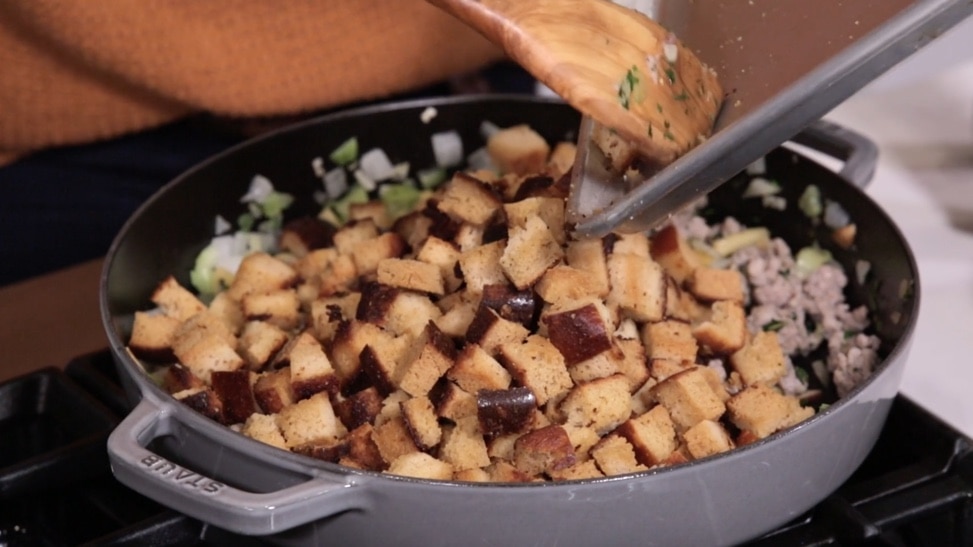 A pan of cornbread apple sausage Thanksgiving stuffing.