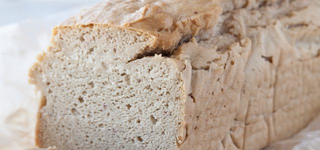 Loaf of grain free blender bread cut showing the delicious inside