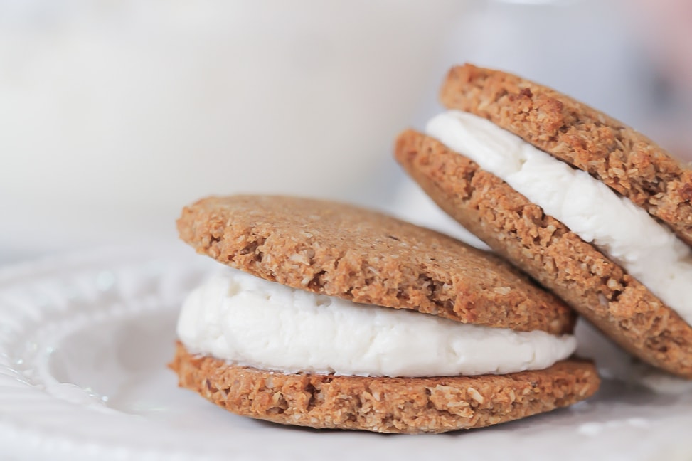 Soft and Chewy Oatmeal Creme Pies filled with dairy free vanilla buttercream.