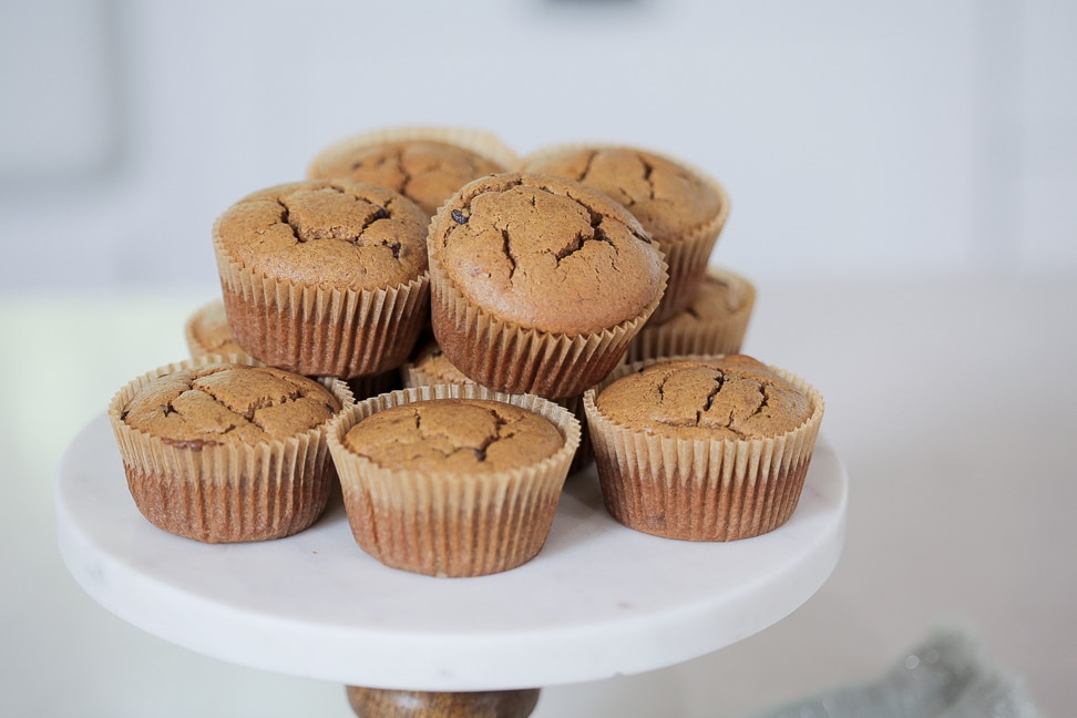 Gluten Free Pumpkin Chocolate Chip Muffins on a platter ready to be served