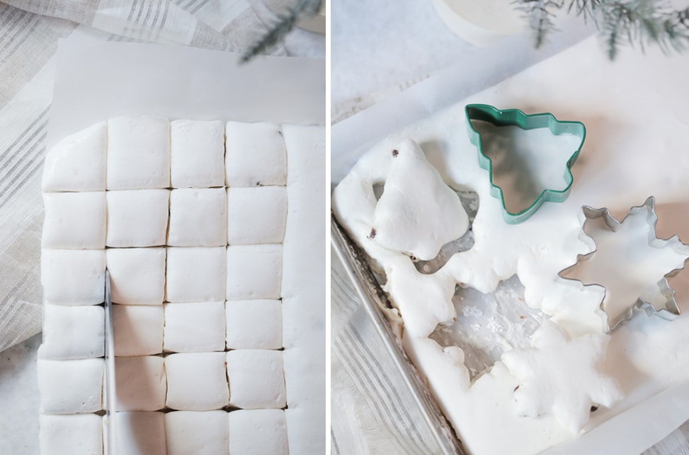 Gluten-free marshmallows cut into squares and also cut with Christmas themed cookie cutters