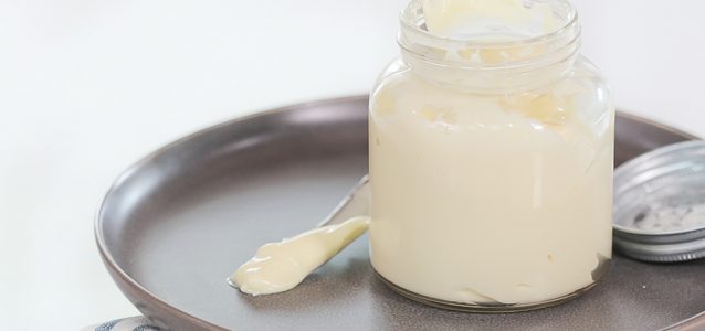 Jar of homemade Whole30 compliant paleo mayonnaise.