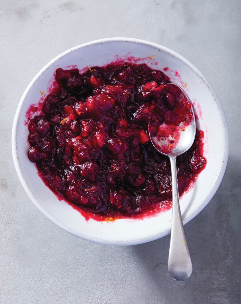 white bowl filled with freshly made cranberry sauce with a silver spoon