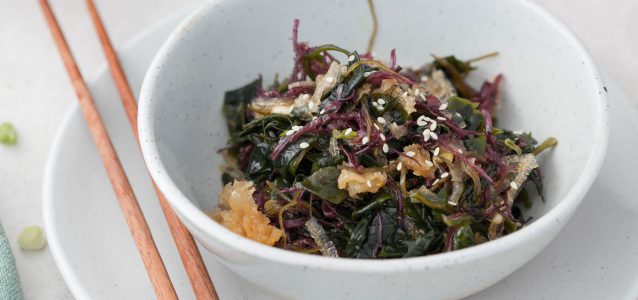 A bowl of seaweed salad made with healthy ingredients and is gluten free.