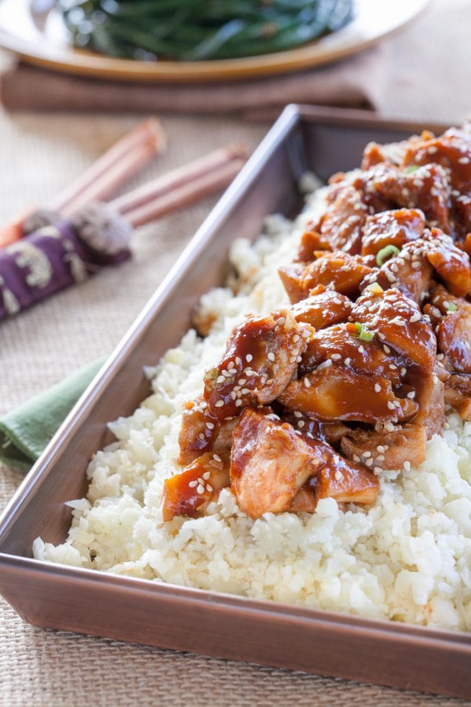 Gluten Free Sesame Orange Chicken with Cauliflower Rice